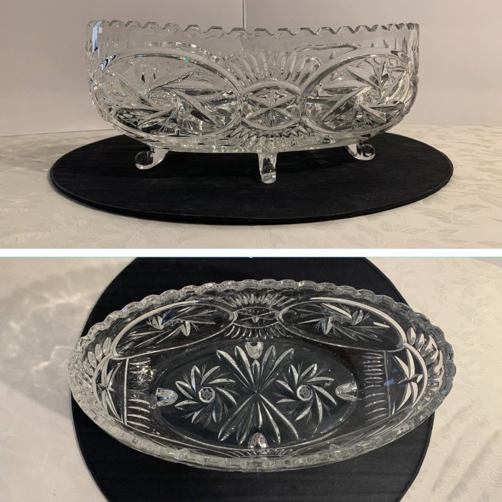 Vintage pinwheel crystal 11-in footed oval dish